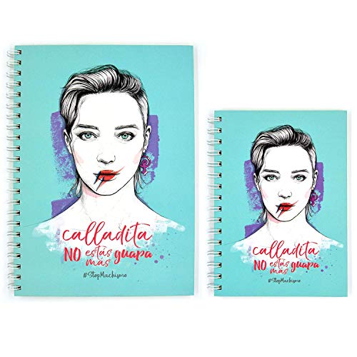Recuerding - Libreta A5 con Voz #StopMachismo, 80 Hojas (160 Páginas) | Original y Vintage; de Anillas y Tapa Dura | Papel Reciclado | Temática contra el Machismo | Feminista | Hecha en España