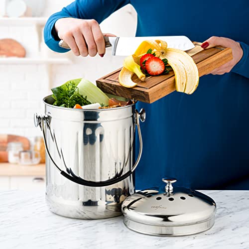 RED FACTOR Premium Cubo Reciclaje de Cocina Inodoro de Acero Inoxidable - Cubo Basura Reciclaje - Incluye Filtros de Carbón Activo de Repuesto (Acero Brillante, 5 litros)