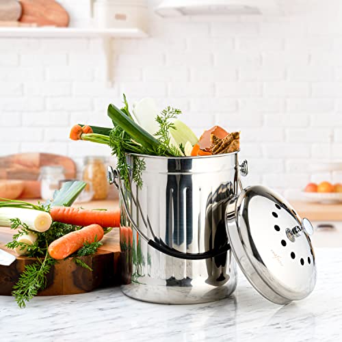 RED FACTOR Premium Cubo Reciclaje de Cocina Inodoro de Acero Inoxidable - Cubo Basura Reciclaje - Incluye Filtros de Carbón Activo de Repuesto (Acero Brillante, 5 litros)