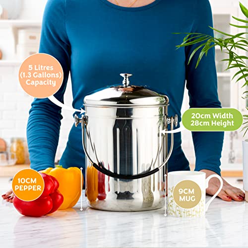 RED FACTOR Premium Cubo Reciclaje de Cocina Inodoro de Acero Inoxidable - Cubo Basura Reciclaje - Incluye Filtros de Carbón Activo de Repuesto (Acero Brillante, 5 litros)