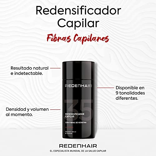 REDENHAIR - Redensificador Capilar - Fibras Capilares - Microfibras Capilares de Queratina - No destiñe - Resistente a Lluvia. Viento y Sudor - Solución Alopecia - Cabello Negro - 23 gr.