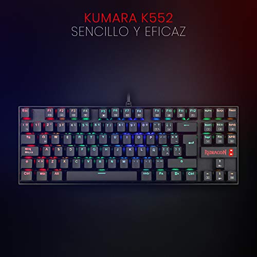 Redragon K552 RGB KUMARA Teclado Gaming Mecánico Tenkeyless, Interruptores Azules, Reforzado, Retroiluminado RGB Distribución Española - Color Negro - PC Windows Compatible