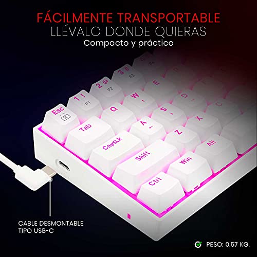 Redragon K630 Dragonborn Blanco - Teclado Mecánico Gaming 60% - Compacto - 61 Teclas - Teclado Gamer TKL para Juegos - Interruptores Marrones - Iluminación Rosa