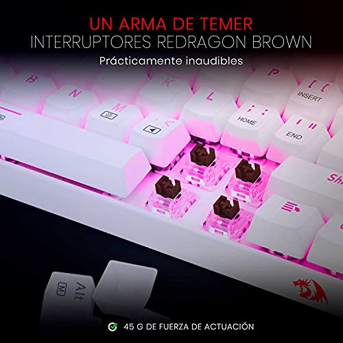 Redragon K630 Dragonborn Blanco - Teclado Mecánico Gaming 60% - Compacto - 61 Teclas - Teclado Gamer TKL para Juegos - Interruptores Marrones - Iluminación Rosa