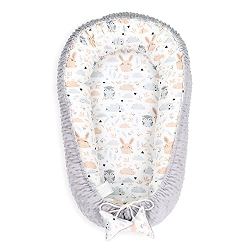 Reductor de Cuna 90x50 cm - nidos para Bebes colecho Bebe Cuna algodón y Material Minky cálido Minky Gris con Algodón Blanco Grisáceo