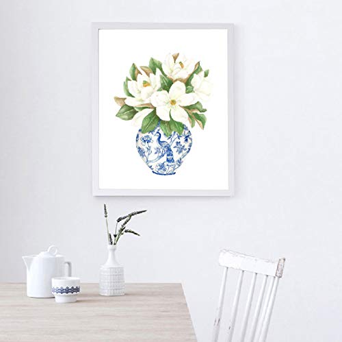 REDWPQ Azul y Blanco China Magnolia Hydrangea Prints Chinoiserie Art Canvas Painting Gallery Wall Art Picture Poster Trendy Wall Decor 40 * 50 cm sin Marco