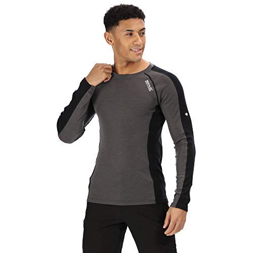Regatta Beru-Camiseta de Lana Merina Supersuave con Control de Olor, Manga Larga, Capa Base Absorbente, Hombres, Imán/Negro, XL