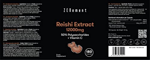 Reishi Extract 12000 mg, con Vitamina C, 180 Cápsulas | 50% polisacáridos | Energizante y antioxidante | Vegano, Sin Aditivos, Sin ingredientes OGM | de Zenement
