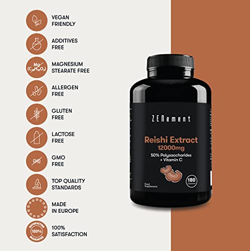 Reishi Extract 12000 mg, con Vitamina C, 180 Cápsulas | 50% polisacáridos | Energizante y antioxidante | Vegano, Sin Aditivos, Sin ingredientes OGM | de Zenement