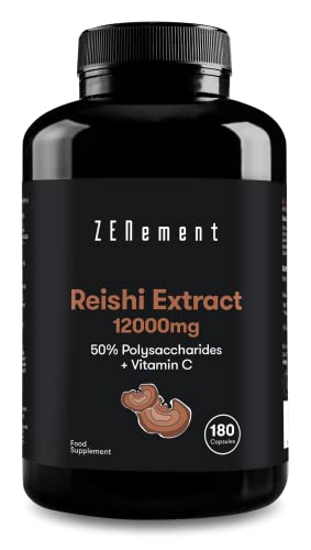 Reishi Extract 12000 mg, con Vitamina C, 180 Cápsulas | 50% polisacáridos | Energizante y antioxidante | Vegano, Sin Aditivos, Sin ingredientes OGM | de Zenement