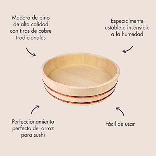 Reishunger Hangiri, Cuenco de Madera para Profesionales (diámetro de 39 cm) – Disponible en 30 cm hasta 60 cm, para arroz Sushi