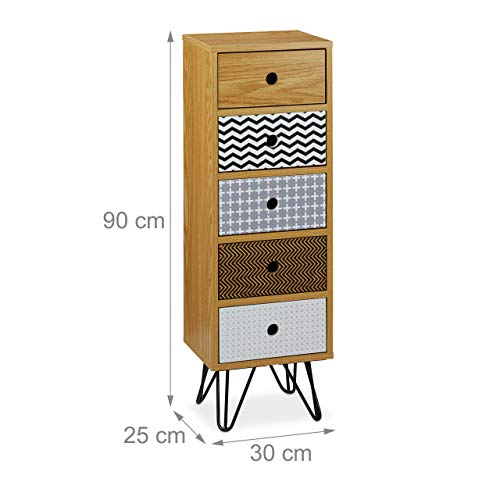 Relaxdays Cajonera Vintage, Mueble Auxiliar Retro para el Salón, Cómoda Recibidor, 90x30x25 cm, DM-Acero-PB, Multicolor, Marrón/Negro