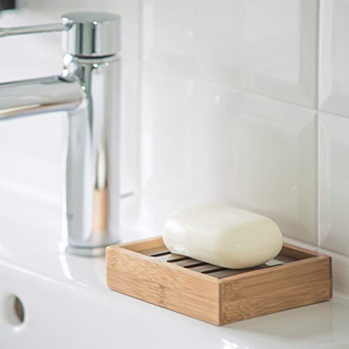 Relaxdays Jabonera Rectangular de Bamb&Uacute, Rejilla de Acero Inoxidable, higiénica: 3 x 12,5 x 10 cm, Natural