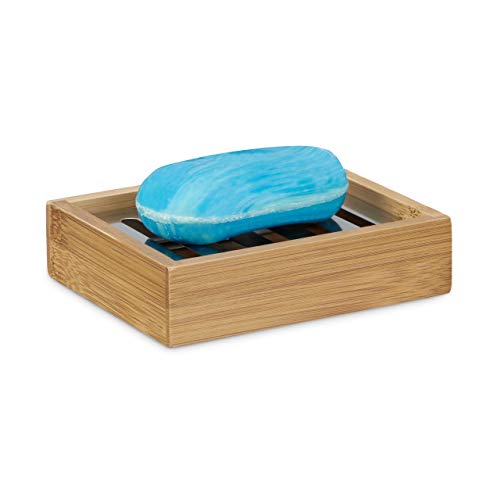Relaxdays Jabonera Rectangular de Bamb&Uacute, Rejilla de Acero Inoxidable, higiénica: 3 x 12,5 x 10 cm, Natural