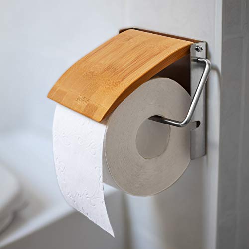 Relaxdays Portarrollos de Pared Papel higinico, Bambú y Acero Inoxidable, 13.5 x 14.5 x 13.5 cm Aprox, Natural, 13.5 x 14.5 x 2.5 cm