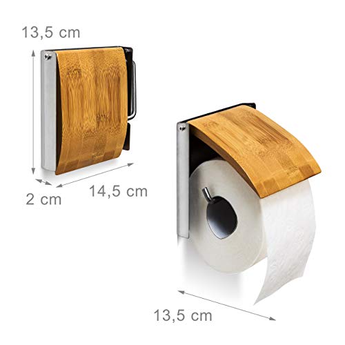 Relaxdays Portarrollos de Pared Papel higinico, Bambú y Acero Inoxidable, 13.5 x 14.5 x 13.5 cm Aprox, Natural, 13.5 x 14.5 x 2.5 cm