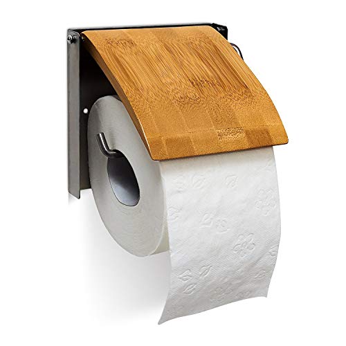 Relaxdays Portarrollos de Pared Papel higinico, Bambú y Acero Inoxidable, 13.5 x 14.5 x 13.5 cm Aprox, Natural, 13.5 x 14.5 x 2.5 cm