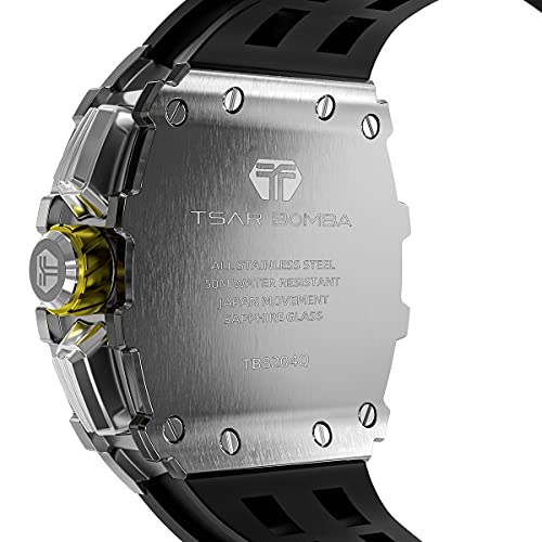 Reloj de Lujo TSAR BOMBA para Hombre - Cristal de Zafiro - Movimiento de Cuarzo Japonés - Cronógrafo Watch - Impermeable 50M - Correa de Silicona - Calendario Luminoso - Regalos para Hombres