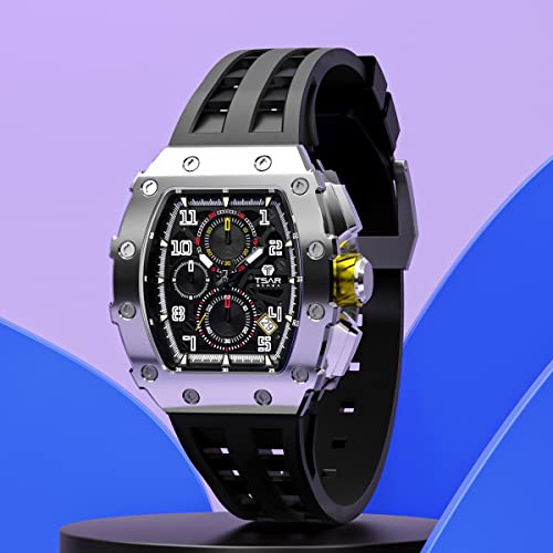 Reloj de Lujo TSAR BOMBA para Hombre - Cristal de Zafiro - Movimiento de Cuarzo Japonés - Cronógrafo Watch - Impermeable 50M - Correa de Silicona - Calendario Luminoso - Regalos para Hombres