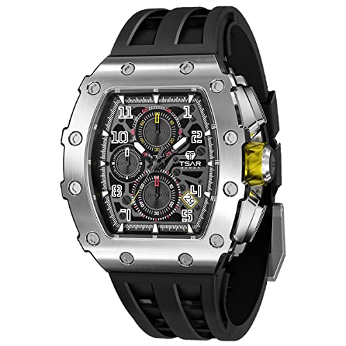 Reloj de Lujo TSAR BOMBA para Hombre - Cristal de Zafiro - Movimiento de Cuarzo Japonés - Cronógrafo Watch - Impermeable 50M - Correa de Silicona - Calendario Luminoso - Regalos para Hombres