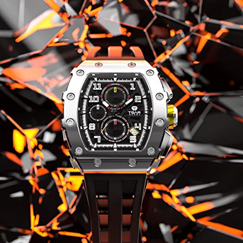 Reloj de Lujo TSAR BOMBA para Hombre - Cristal de Zafiro - Movimiento de Cuarzo Japonés - Cronógrafo Watch - Impermeable 50M - Correa de Silicona - Calendario Luminoso - Regalos para Hombres