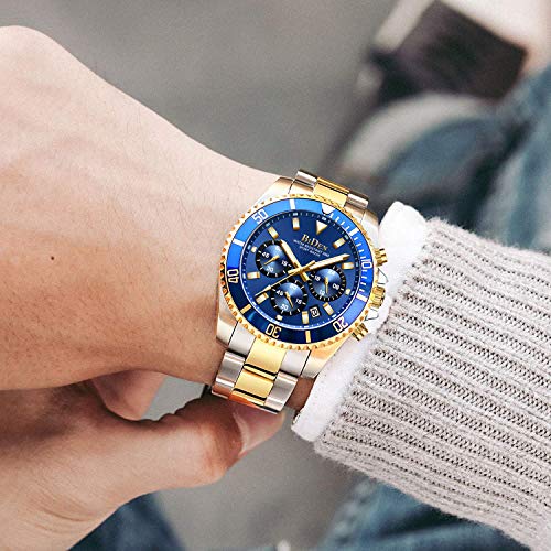 Reloj de Pulsera para Hombre con cronógrafo de Acero Inoxidable, Resistente al Agua, Fecha, analógico, de Cuarzo, para Hombre, Bule, 43 mm, Reloj de Cuarzo, cronógrafo