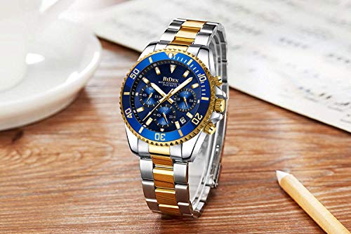 Reloj de Pulsera para Hombre con cronógrafo de Acero Inoxidable, Resistente al Agua, Fecha, analógico, de Cuarzo, para Hombre, Bule, 43 mm, Reloj de Cuarzo, cronógrafo