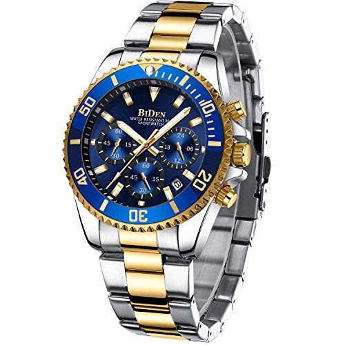 Reloj de Pulsera para Hombre con cronógrafo de Acero Inoxidable, Resistente al Agua, Fecha, analógico, de Cuarzo, para Hombre, Bule, 43 mm, Reloj de Cuarzo, cronógrafo
