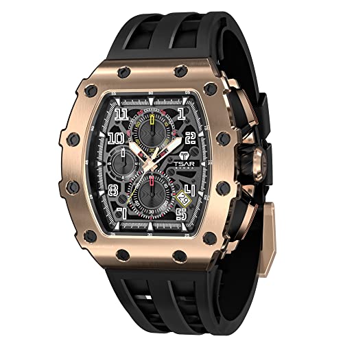 Reloj Hombre TSAR BOMBA Tonneau Lujo Relojes de Pulsera Cristal de Zafiro Movimiento Cuarzo Japonés Correa de Caucho Resistente al Agua 50M Cronógrafo Diseño Luminoso Hombres