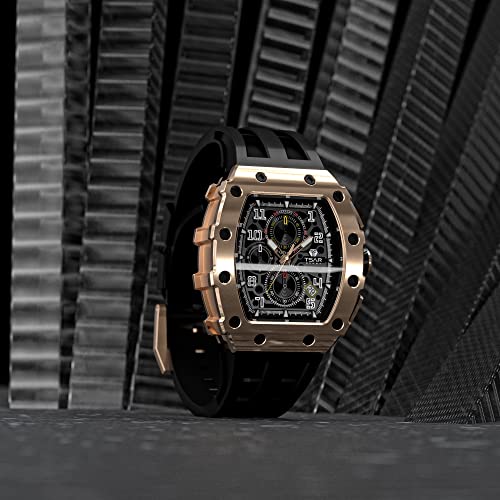 Reloj Hombre TSAR BOMBA Tonneau Lujo Relojes de Pulsera Cristal de Zafiro Movimiento Cuarzo Japonés Correa de Caucho Resistente al Agua 50M Cronógrafo Diseño Luminoso Hombres