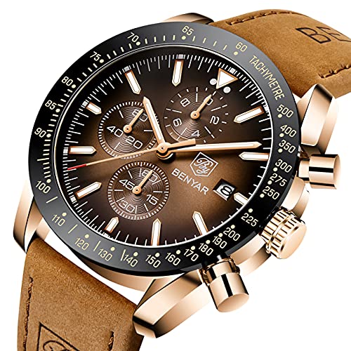 Relojes Hombre BENYAR Cronógrafo Analógico Cuarzo 3AMT Impermeable Pulsera de Cuero Deporte Watch Business Casual Relojes de Pulsera Regalo Elegante Dia del Padre
