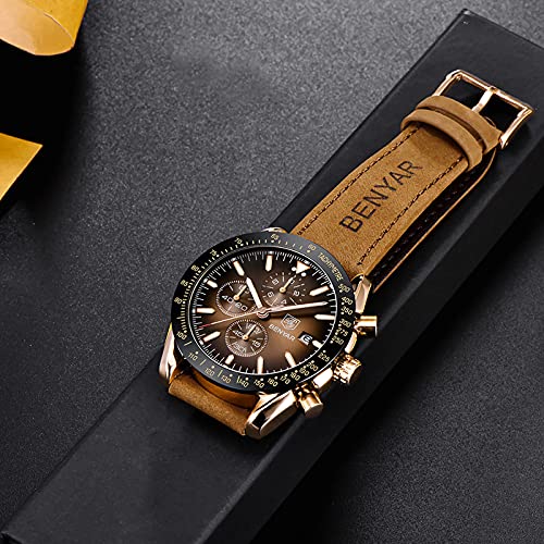 Relojes Hombre BENYAR Cronógrafo Analógico Cuarzo 3AMT Impermeable Pulsera de Cuero Deporte Watch Business Casual Relojes de Pulsera Regalo Elegante Dia del Padre