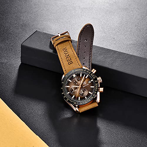 Relojes Hombre BENYAR Cronógrafo Analógico Cuarzo 3AMT Impermeable Pulsera de Cuero Deporte Watch Business Casual Relojes de Pulsera Regalo Elegante Dia del Padre