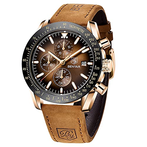 Relojes Hombre BENYAR Cronógrafo Analógico Cuarzo 3AMT Impermeable Pulsera de Cuero Deporte Watch Business Casual Relojes de Pulsera Regalo Elegante Dia del Padre