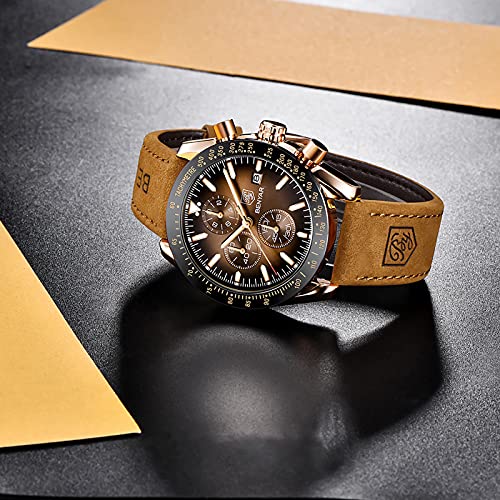 Relojes Hombre BENYAR Cronógrafo Analógico Cuarzo 3AMT Impermeable Pulsera de Cuero Deporte Watch Business Casual Relojes de Pulsera Regalo Elegante Dia del Padre