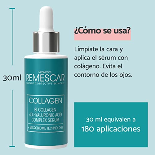 Remescar Sérum Facial de Colágeno 30 ML - Colágeno Hidrolizado - Sérum Facial con Ácido Hialurónico - Hidratante, Reafirmante, Antienvejecimiento - Tecnología de Microbiomas