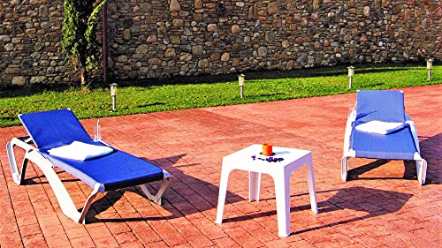 RESOL Marina Set 2 Tumbonas y 1 Mesa Auxiliar Andorra | Conjunto de Tumbonas con Ruedas Apilables | Muebles de Jardín Exterior | Estructura y Mesilla Blanca Textilene Azul