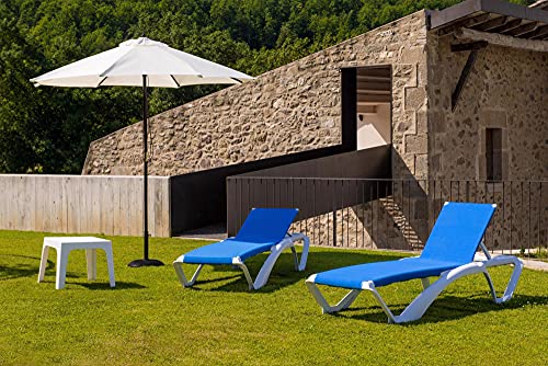 RESOL Marina Set 2 Tumbonas y 1 Mesa Auxiliar Andorra | Conjunto de Tumbonas con Ruedas Apilables | Muebles de Jardín Exterior | Estructura y Mesilla Blanca Textilene Azul
