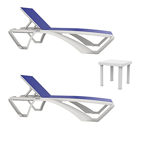 RESOL Marina Set 2 Tumbonas y 1 Mesa Auxiliar Andorra | Conjunto de Tumbonas con Ruedas Apilables | Muebles de Jardín Exterior | Estructura y Mesilla Blanca Textilene Azul