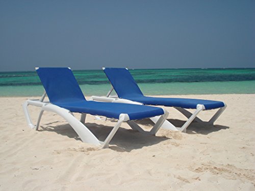 RESOL Marina Set 2 Tumbonas y 1 Mesa Auxiliar Andorra | Conjunto de Tumbonas con Ruedas Apilables | Muebles de Jardín Exterior | Estructura y Mesilla Blanca Textilene Azul