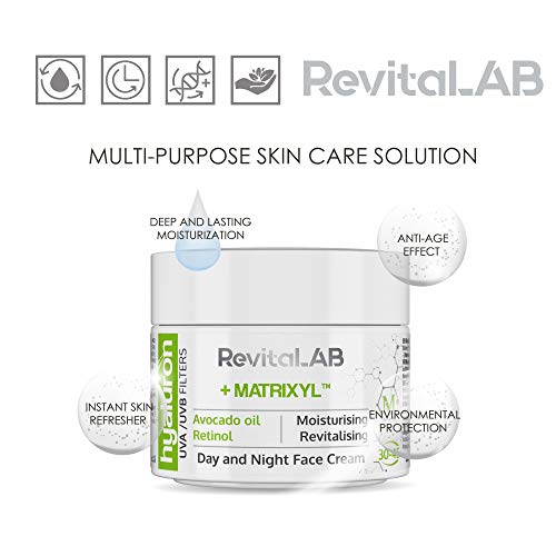 RevitaLAB - Crema antiarrugas de día y de noche con ácido hialurónico enriquecida con aceite de aguacate, matrixyl, retinol y filtros UV, franja de edad 30-45, 50 ml