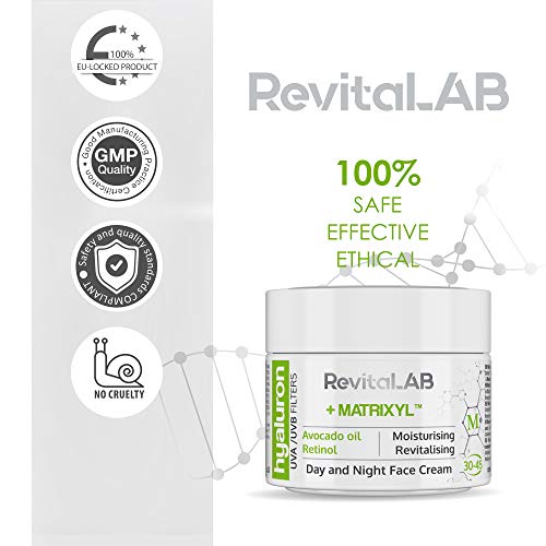 RevitaLAB - Crema antiarrugas de día y de noche con ácido hialurónico enriquecida con aceite de aguacate, matrixyl, retinol y filtros UV, franja de edad 30-45, 50 ml