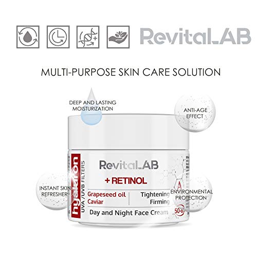 RevitaLAB Hyaluron Anti-Aging Day and Night Cream, Enriched with Retinol, Caviar and Red Grape for Ages 50 - 65, 50 ml (multipack)