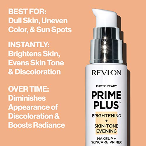 Revlon Primer Plus Maquillaje & Cuidado de la Piel, Noche de Brillo y Tono de Piel, Formulado con Vitamina C y Ácido Láctico, 30 ml