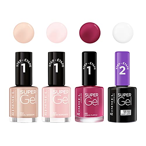 Rimmel London Pack Super Gel, Esmaltes de uñas Tonos 12, 21, 25 y Top Coat