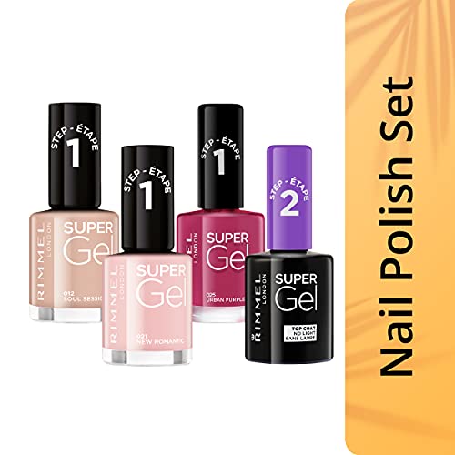 Rimmel London Pack Super Gel, Esmaltes de uñas Tonos 12, 21, 25 y Top Coat