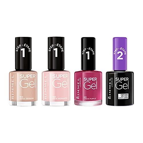 Rimmel London Pack Super Gel, Esmaltes de uñas Tonos 12, 21, 25 y Top Coat