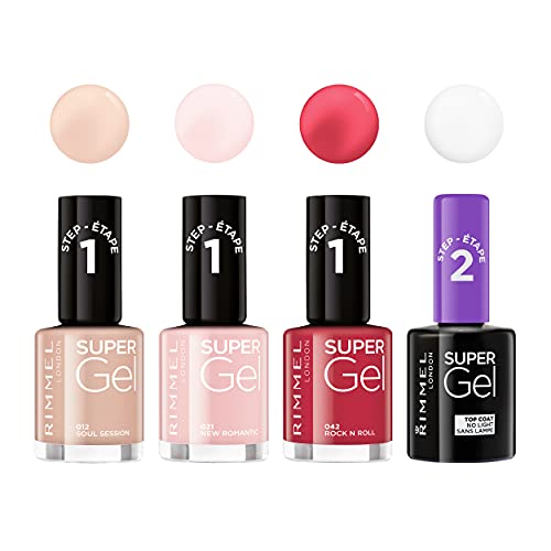 Rimmel London Pack Super Gel, Esmaltes de uñas Tonos 12, 21, 42 y Top Coat