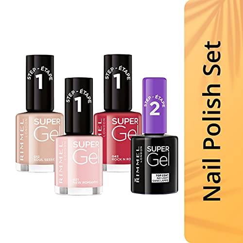 Rimmel London Pack Super Gel, Esmaltes de uñas Tonos 12, 21, 42 y Top Coat