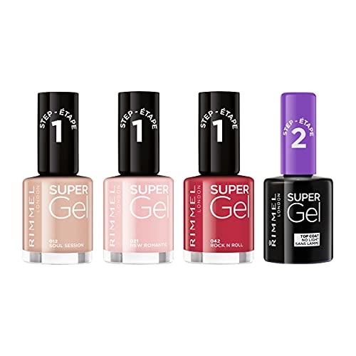 Rimmel London Pack Super Gel, Esmaltes de uñas Tonos 12, 21, 42 y Top Coat